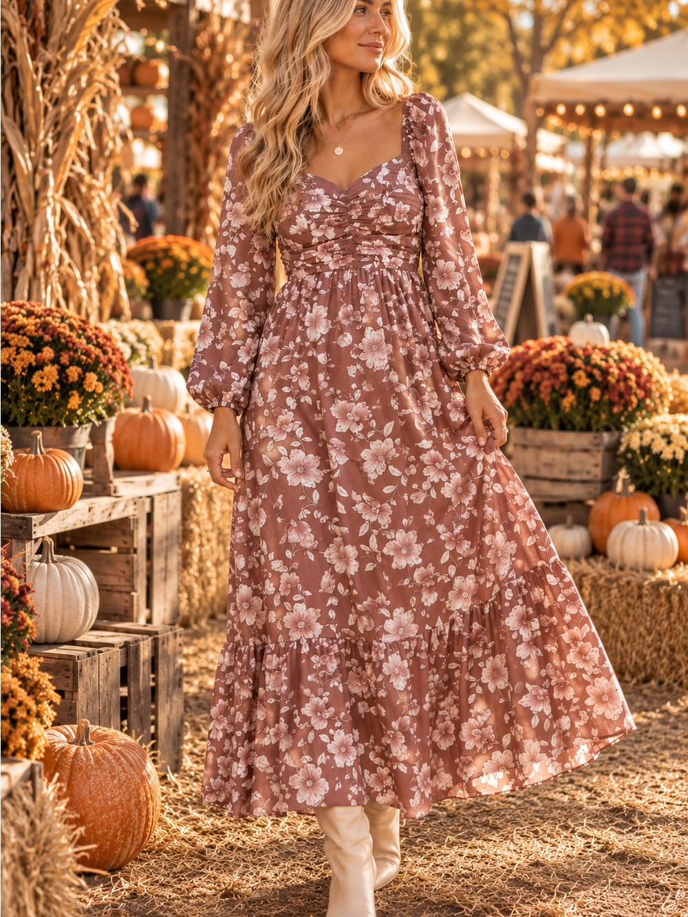 Band of the Free Floral Maxi Dress S Brown Ruched Sweetheart Boho Cottagecore